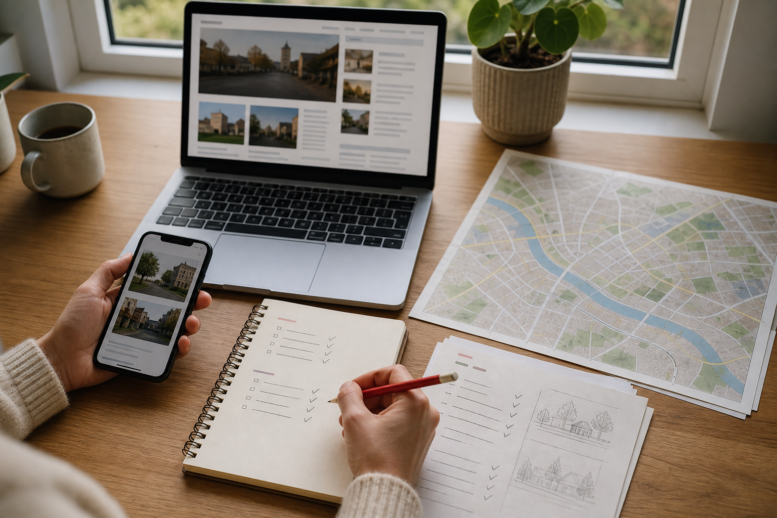 Persoon vergelijkt informatie op laptop, telefoon, notitieboek en papieren kaart