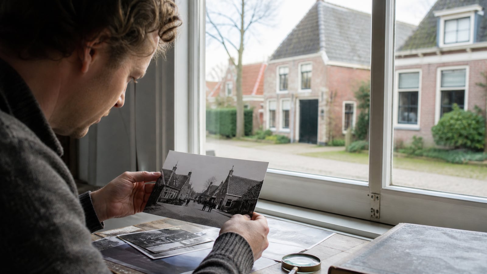 Een historische foto van een lokale omgeving wordt zorgvuldig bekeken