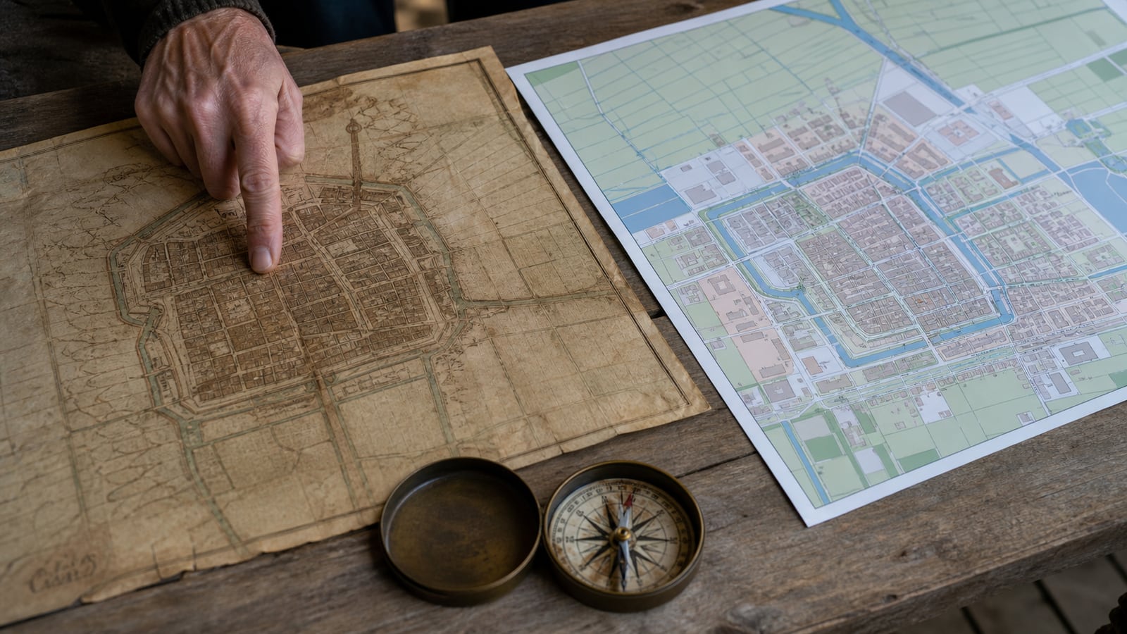 Een oude stadskaart wordt naast een hedendaagse kaart gelegd